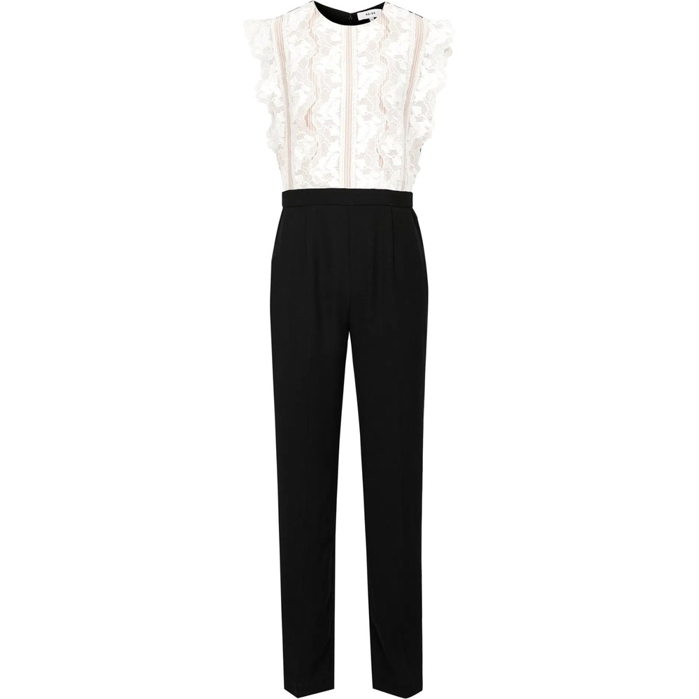 Reiss Jumpsuit Women Size 0 Black White Great Lace Ruffle Sleeve Straight Leg